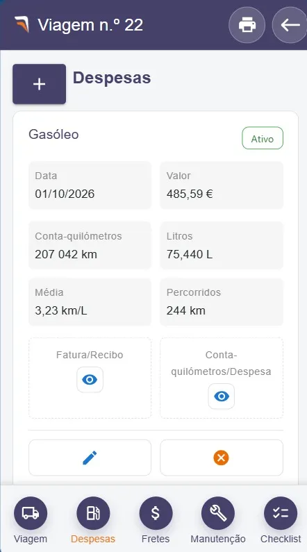 App do motorista: despesa de gasóleo com foto da fatura e do conta-quilómetros