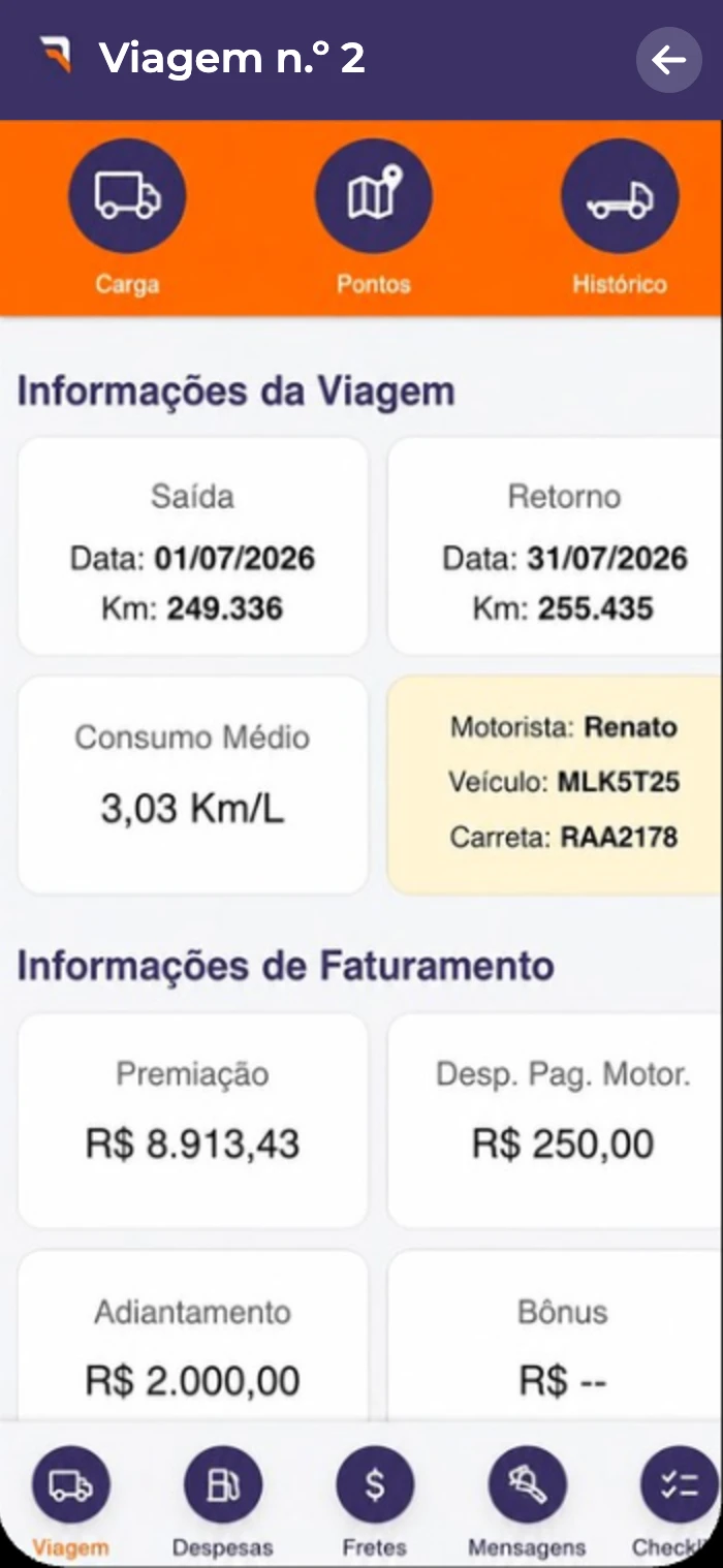 App do motorista Frota Máxima: ecrã da viagem